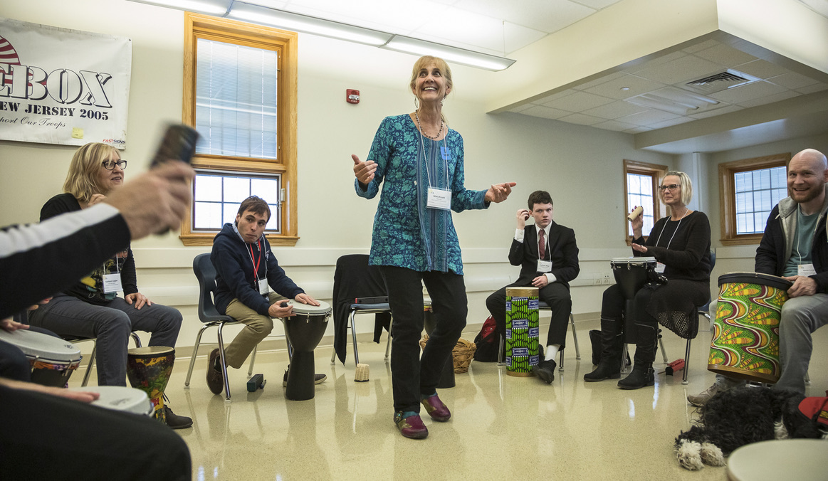 Teaching artist Mary Knysh leads participants in a drumming activity at the United We Discover workshop, held on February 26, 2020 at Morris-Union Jointure Commission.